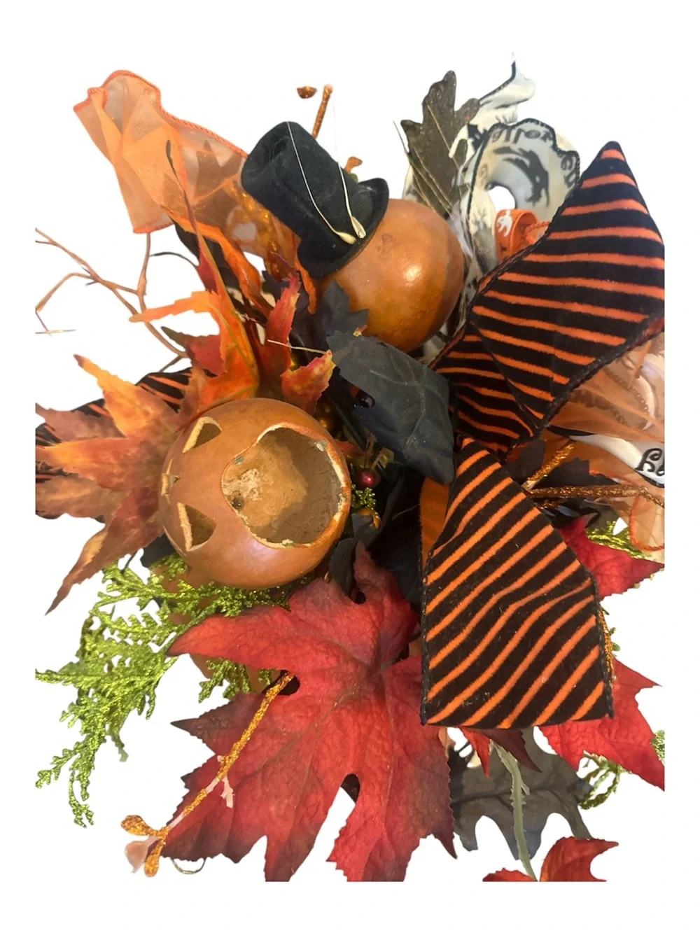 Fall Halloween Decor Orange Pumpkin Floral Accent with Black & Orange Ribbon